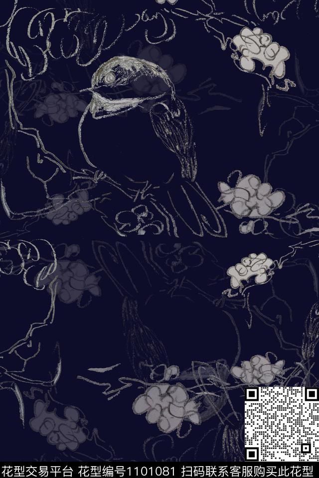 动物纹鸟昆虫图案禅意传统印花花型下载（图片编号: 1101081） - 瓦栏（Walan）
