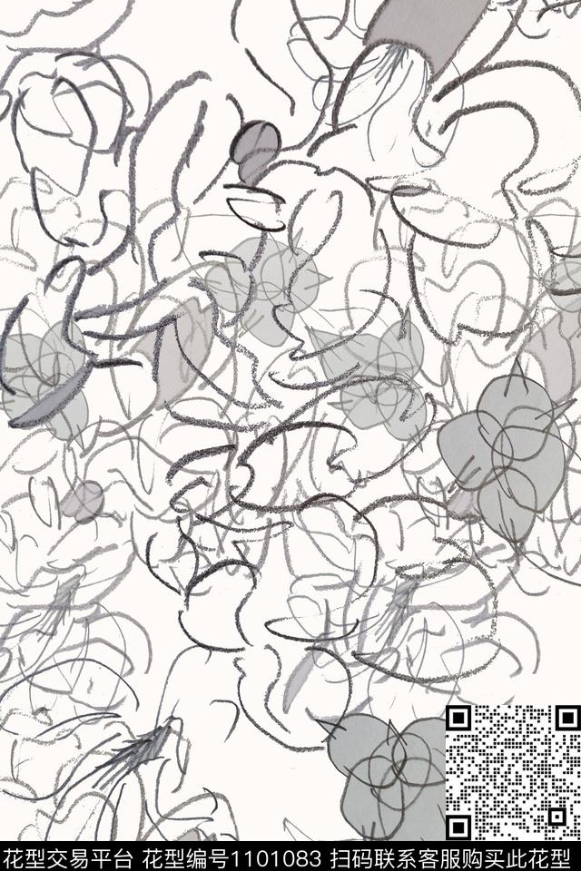 手绘线条笔触签字笔印花玉兰花语传统印花花型下载（图片编号: 1101083） - 瓦栏（Walan）