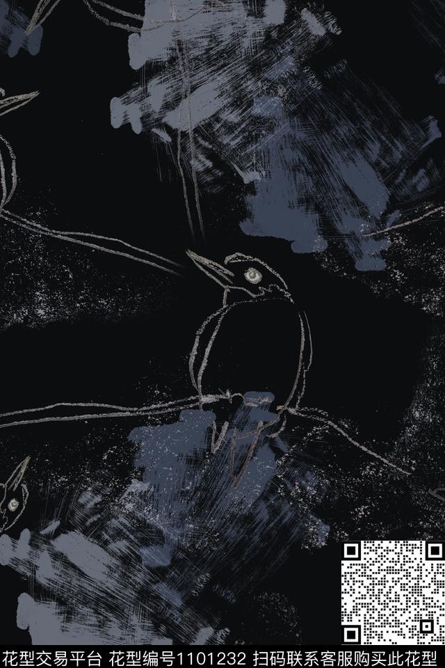 鸟昆虫图案手绘线条笔触禅意数码印花花型下载（图片编号: 1101232） - 瓦栏（Walan）