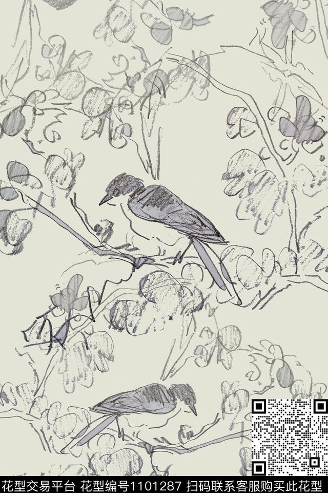 动物纹鸟昆虫图案手绘线条笔触传统印花花型下载（图片编号: 1101287） - 瓦栏（Walan）