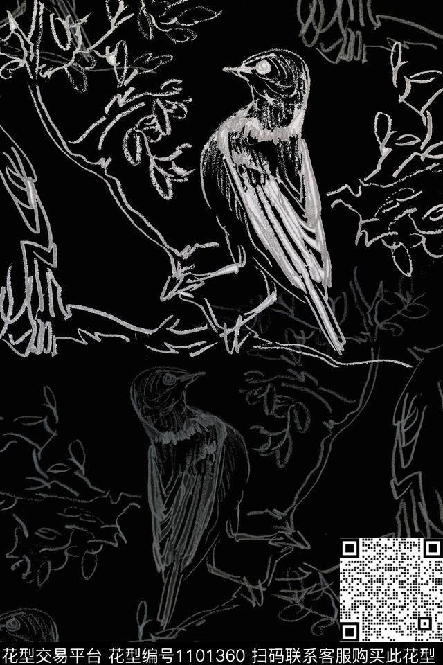 鸟昆虫图案手绘线条笔触签字笔印花传统印花花型下载（图片编号: 1101360） - 瓦栏（Walan）