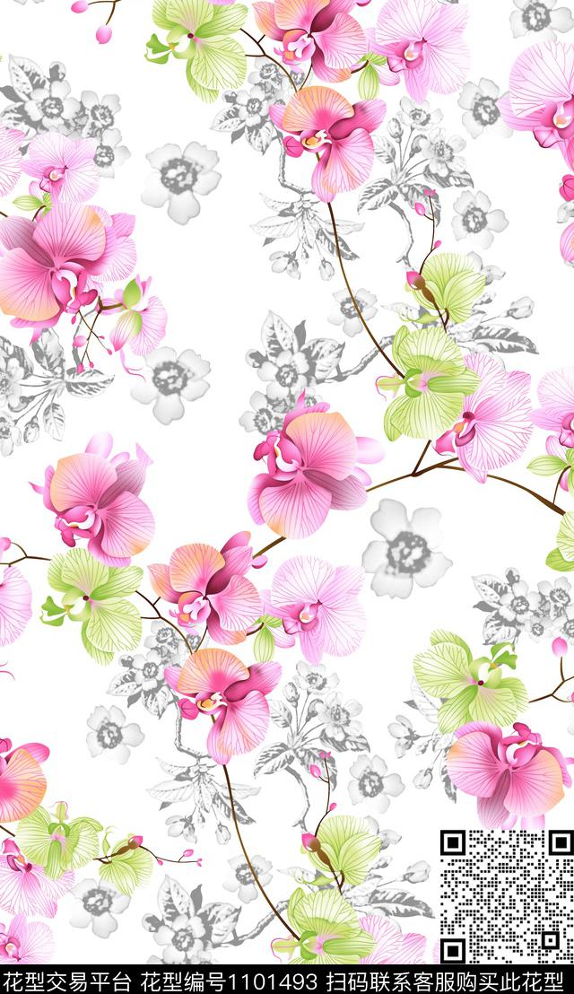 3260574881-22.jpg - 1101493 - 白底花 花卉 水墨风 - 传统印花花型 － 女装花型设计 － 瓦栏