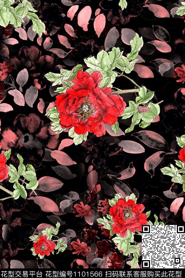 肌理手绘花卉复古数码印花花型下载（图片编号: 1101566） - 瓦栏（Walan）