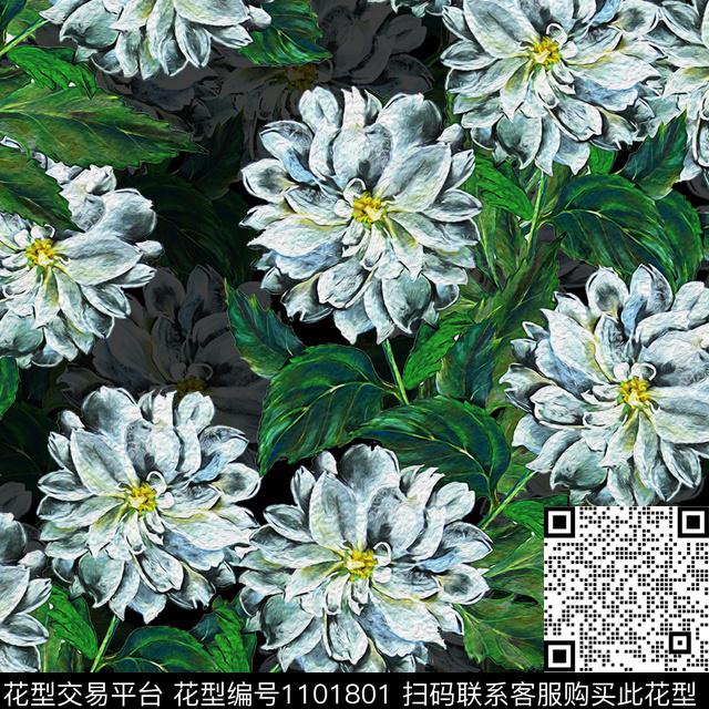 大花手绘花卉黑底花卉数码印花花型下载（图片编号: 1101801） - 瓦栏（Walan）