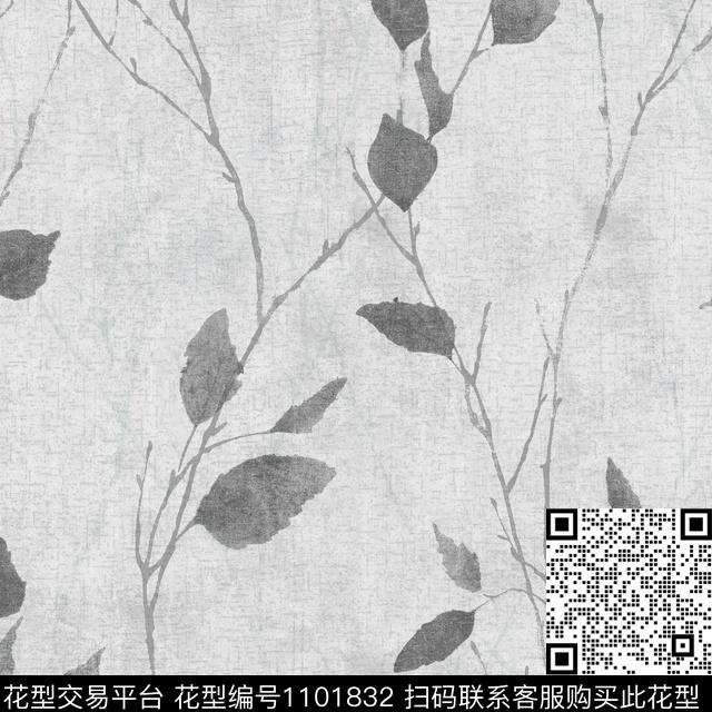 黑白花型绿植树叶手绘花卉数码印花花型下载（图片编号: 1101832） - 瓦栏（Walan）