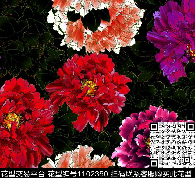 中国牡丹2.jpg - 1102350 - 线条 牡丹 中老年 - 数码印花花型 － 女装花型设计 － 瓦栏