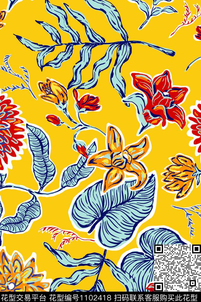 温室花卉2.jpg - 1102418 - 温室花卉 手绘花卉 绿植树叶 - 传统印花花型 － 女装花型设计 － 瓦栏