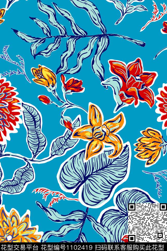 温室花卉2（配色a).jpg - 1102419 - 温室花卉 手绘花卉 绿植树叶 - 传统印花花型 － 女装花型设计 － 瓦栏