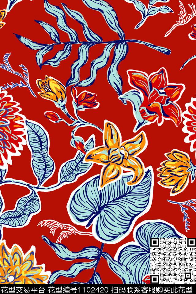 温室花卉2（配色b).jpg - 1102420 - 温室花卉 手绘花卉 绿植树叶 - 传统印花花型 － 女装花型设计 － 瓦栏