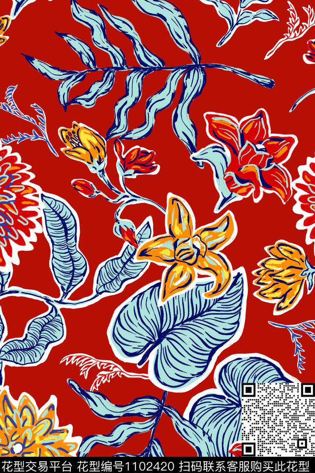 温室花卉手绘花卉绿植树叶传统印花花型下载（图片编号: 1102420） - 瓦栏（Walan）