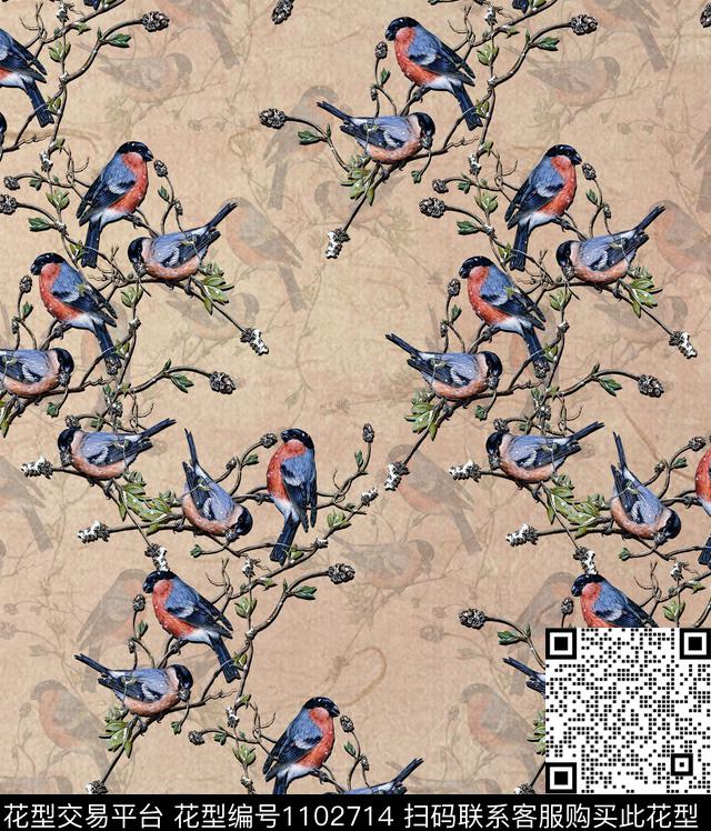鸟7271.jpg - 1102714 - 鸟/昆虫 数码花型 古典花纹 - 数码印花花型 － 女装花型设计 － 瓦栏
