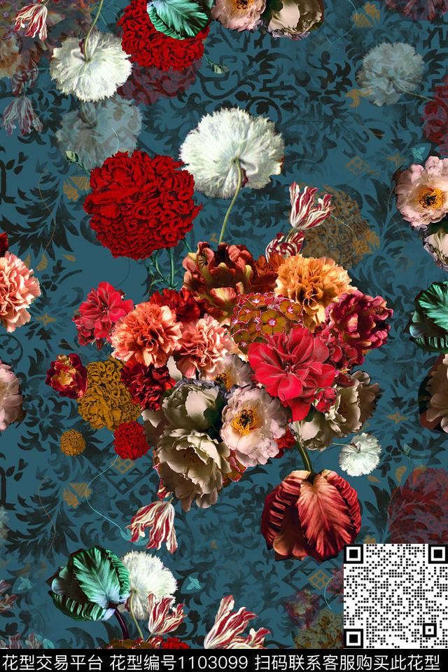 复古油画花型数码印花花型下载（图片编号: 1103099） - 瓦栏（Walan）