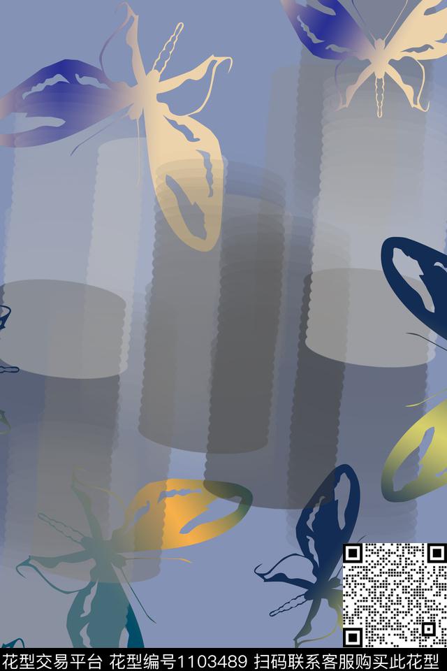 蝴蝶鸟昆虫图案水彩墨迹数码印花花型下载（图片编号: 1103489） - 瓦栏（Walan）