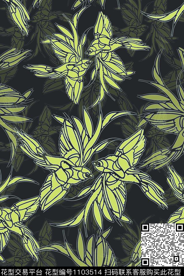 鸟昆虫图案鸟线条白描数码印花花型下载（图片编号: 1103514） - 瓦栏（Walan）