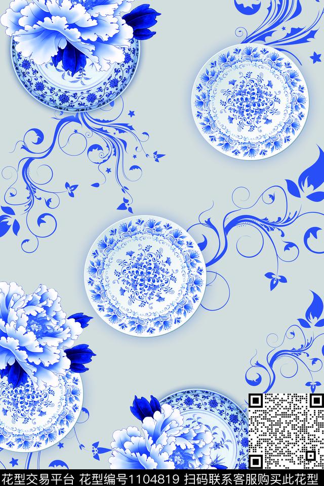 青花牡丹.jpg - 1104819 - 青花瓷 盘子 蓝色花纹 - 数码印花花型 － 女装花型设计 － 瓦栏