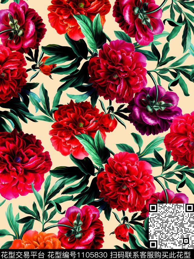 华丽牡丹-2.jpg - 1105830 - 牡丹 数码花型 复古 - 数码印花花型 － 女装花型设计 － 瓦栏