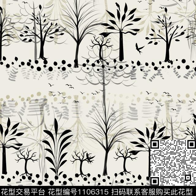 黑白树木.jpg - 1106315 - 复古 大牌风 几何 - 数码印花花型 － 女装花型设计 － 瓦栏