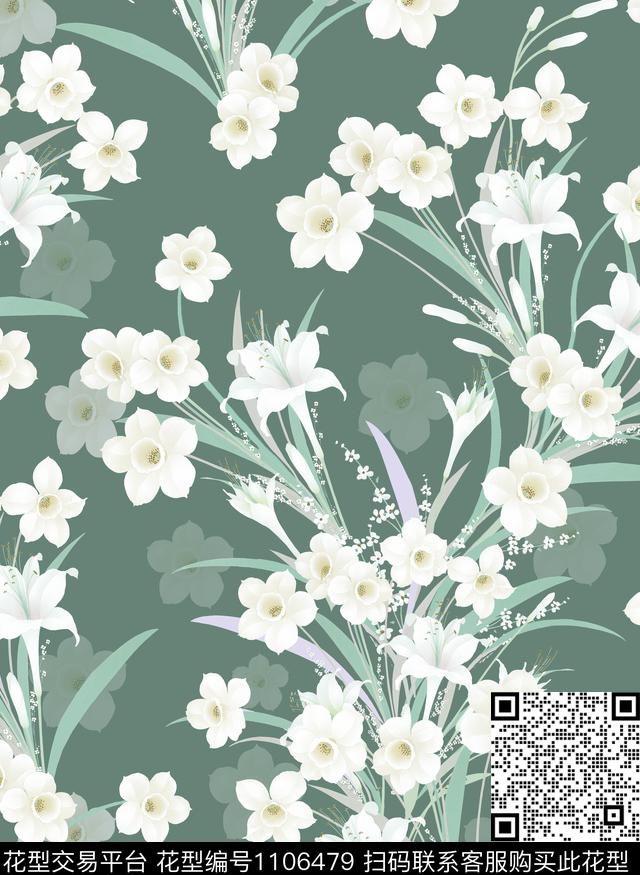 休闲手绘花卉花卉数码印花花型下载（图片编号: 1106479） - 瓦栏（Walan）