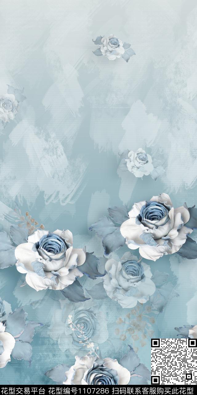 蓝色花卉.jpg - 1107286 - 写意 手绘花卉 定位花 - 数码印花花型 － 女装花型设计 － 瓦栏