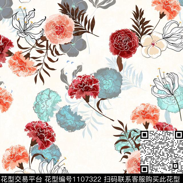 手绘花卉红花数码印花花型下载（图片编号: 1107322） - 瓦栏（Walan）