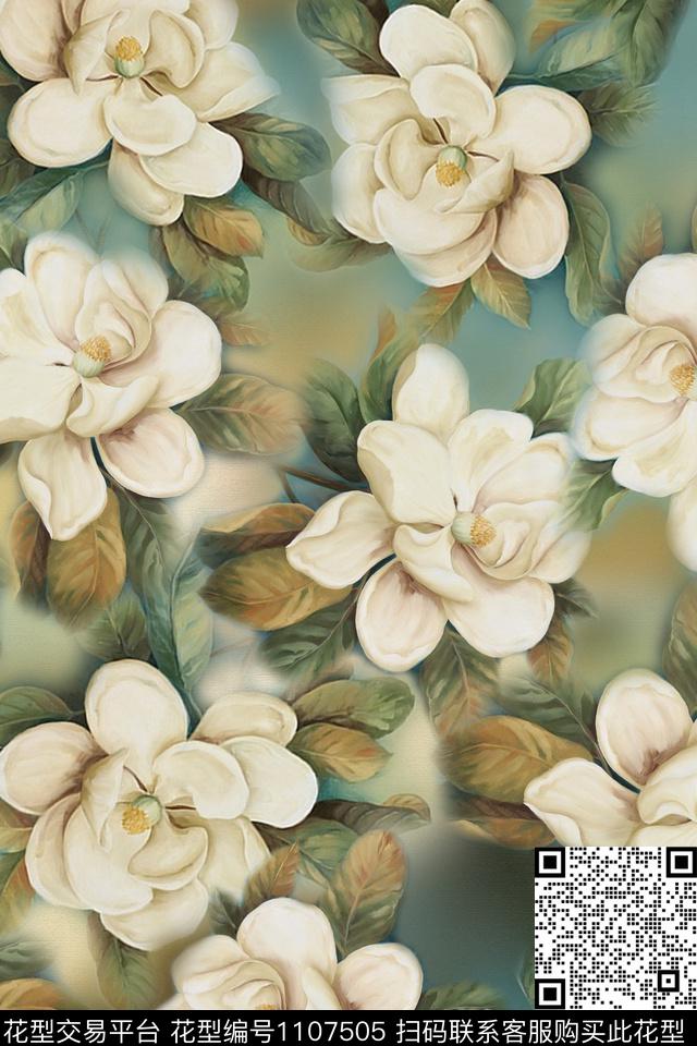 牡丹复古手绘花卉数码印花花型下载（图片编号: 1107505） - 瓦栏（Walan）