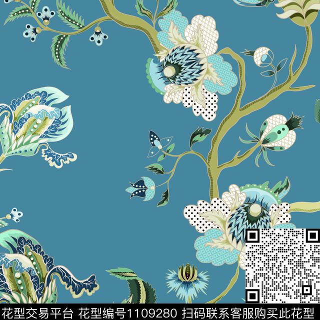蓝色民族花.jpg - 1109280 - 花卉 民族风 蓝色 - 数码印花花型 － 女装花型设计 － 瓦栏