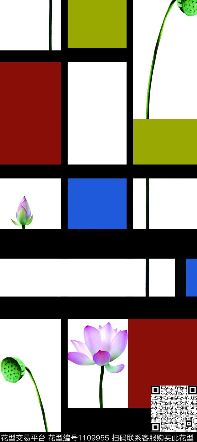 色块几何荷花.jpg - 1109955 - 几何 荷花 红花 - 数码印花花型 － 女装花型设计 － 瓦栏