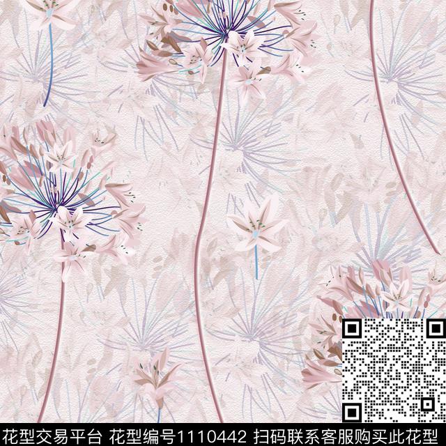 手绘花卉粉色花鸟数码印花花型下载（图片编号: 1110442） - 瓦栏（Walan）