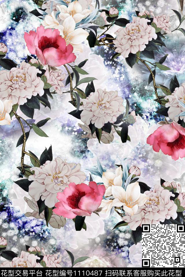 牡丹中国风花鸟数码印花花型下载（图片编号: 1110487） - 瓦栏（Walan）