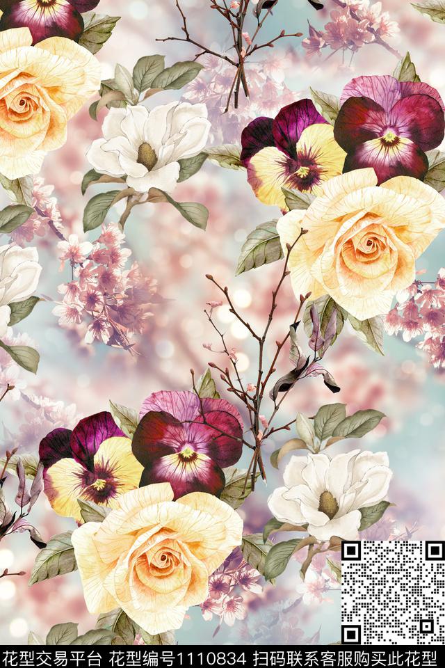树枝栀子花玫瑰花数码印花花型下载（图片编号: 1110834） - 瓦栏（Walan）