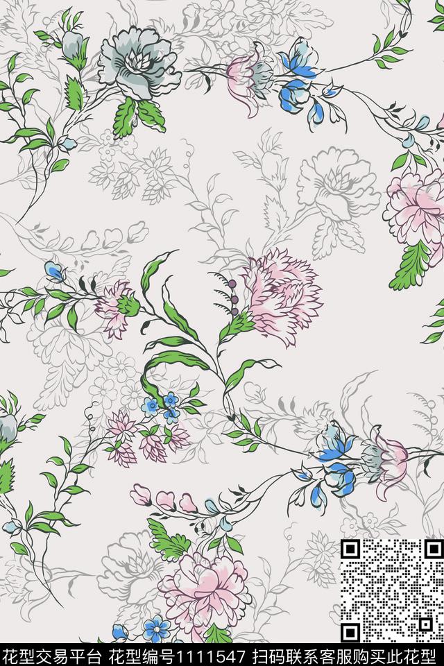 线条手绘花卉粉色数码印花花型下载（图片编号: 1111547） - 瓦栏（Walan）