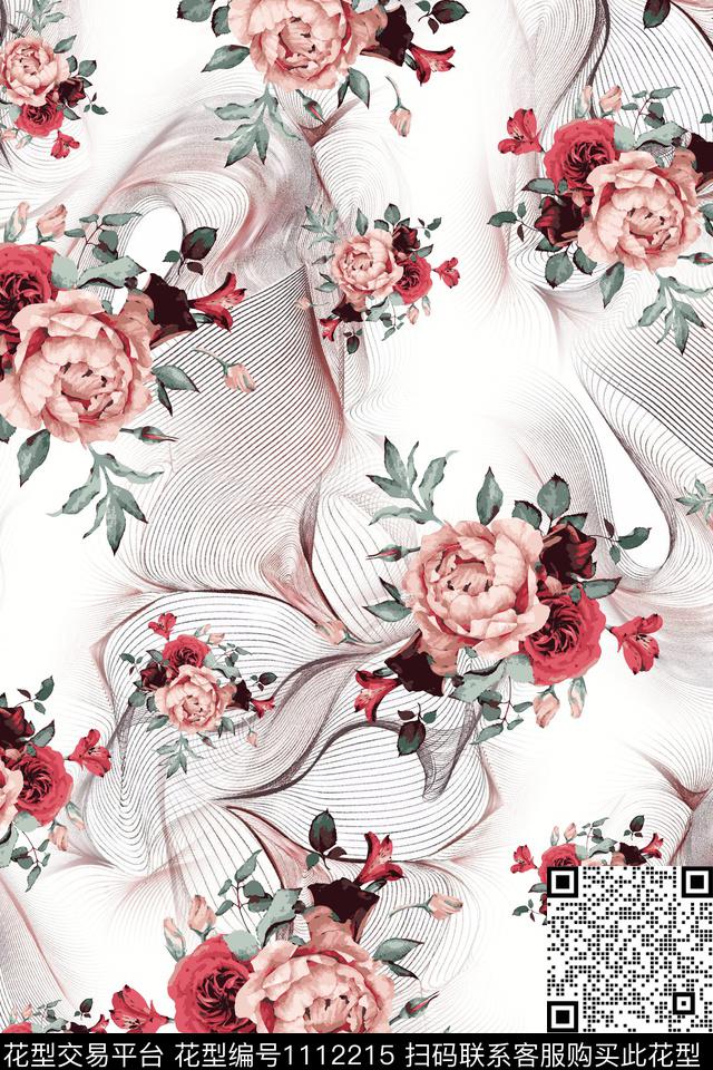 手绘花卉大牌风清爽底花卉数码印花花型下载（图片编号: 1112215） - 瓦栏（Walan）