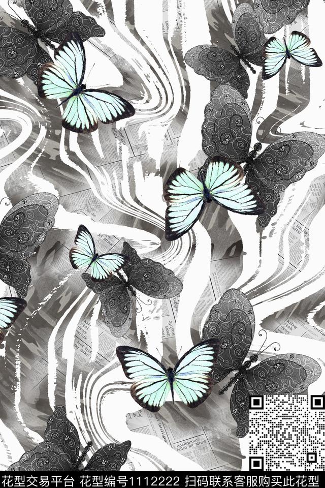 蝴蝶创意.jpg - 1112222 - 创意 蝴蝶 灰调 - 数码印花花型 － 女装花型设计 － 瓦栏