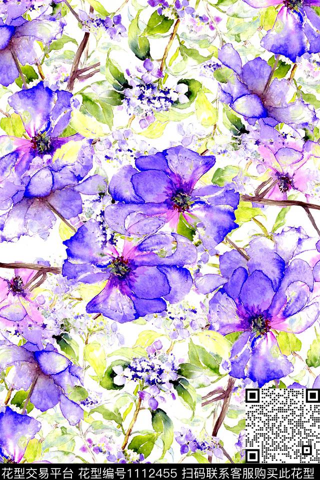 花花.jpg - 1112455 - 婚庆 手绘 紫薇花 - 数码印花花型 － 床品花型设计 － 瓦栏