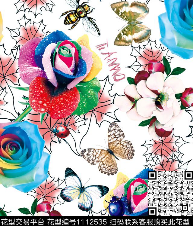 玫瑰蝴蝶2.jpg - 1112535 - 蜜蜂 蝴蝶 玫瑰花 - 数码印花花型 － 女装花型设计 － 瓦栏