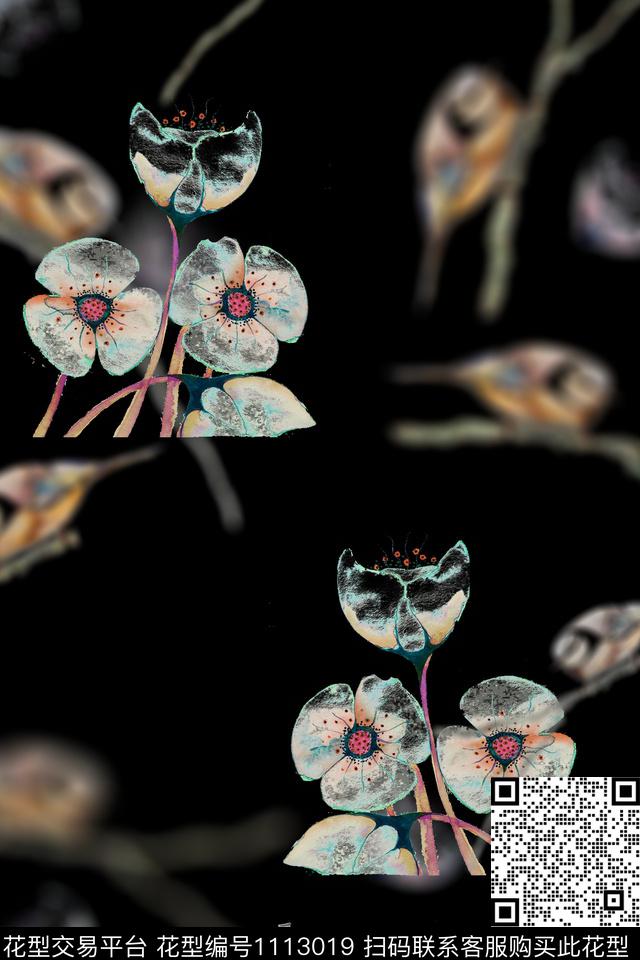 黑鸟.jpg - 1113019 - 树林 手绘 日韩 - 数码印花花型 － 男装花型设计 － 瓦栏