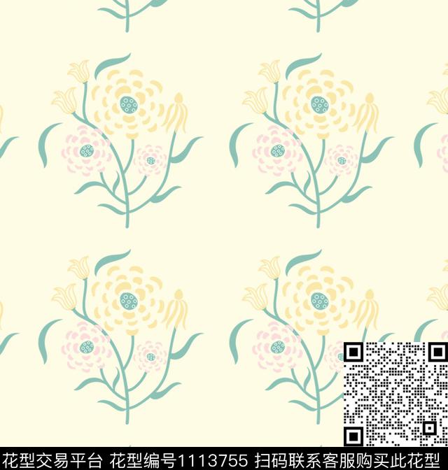 花朵.jpg - 1113755 - 田园 小清新 风格化花卉 - 传统印花花型 － 床品花型设计 － 瓦栏