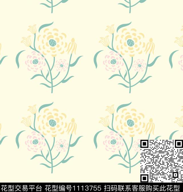 田园小清新风格化花卉传统印花花型下载（图片编号: 1113755） - 瓦栏（Walan）