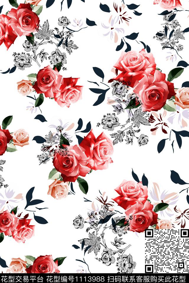 雅致玫瑰.jpg3 - 1113988 - 雅致花卉 玫瑰优雅 小清新舒畅 - 数码印花花型 － 女装花型设计 － 瓦栏