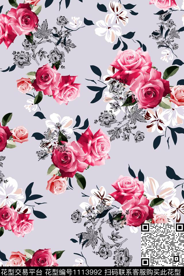 雅致玫瑰.jpg - 1113992 - 雅致花卉 玫瑰优雅 小清新舒畅 - 数码印花花型 － 女装花型设计 － 瓦栏
