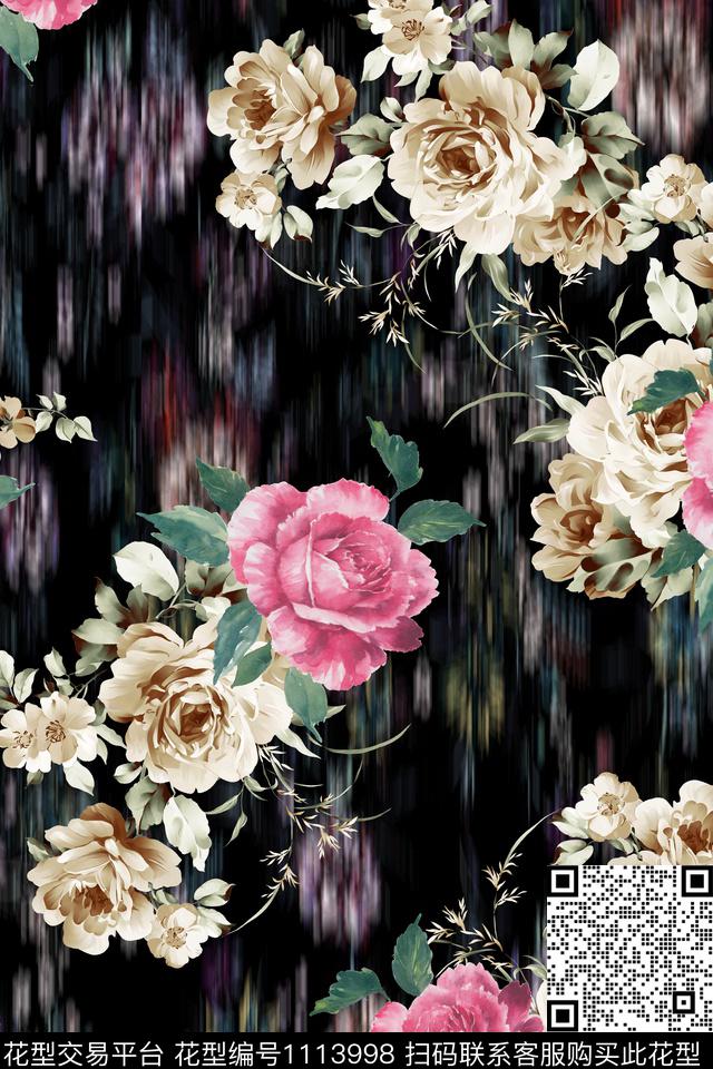 复古旗袍玫瑰.jpg - 1113998 - 花卉 旗袍复古玫瑰 优雅复古风 - 数码印花花型 － 女装花型设计 － 瓦栏