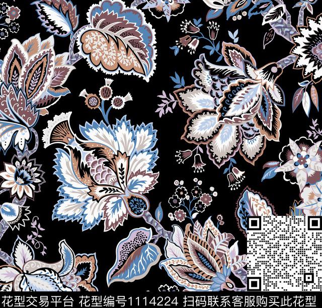 瓦蓝122.jpg - 1114224 - 佩斯利 大牌风 民族花卉 - 数码印花花型 － 女装花型设计 － 瓦栏