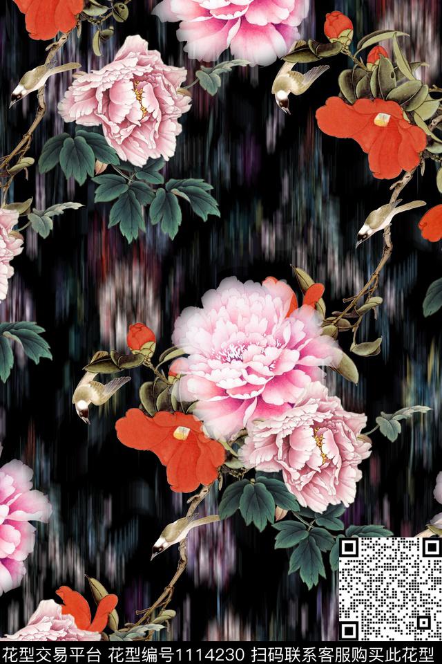 中国风旗袍牡丹.jpg - 1114230 - 中国 旗袍复古 雅致牡丹 - 数码印花花型 － 女装花型设计 － 瓦栏