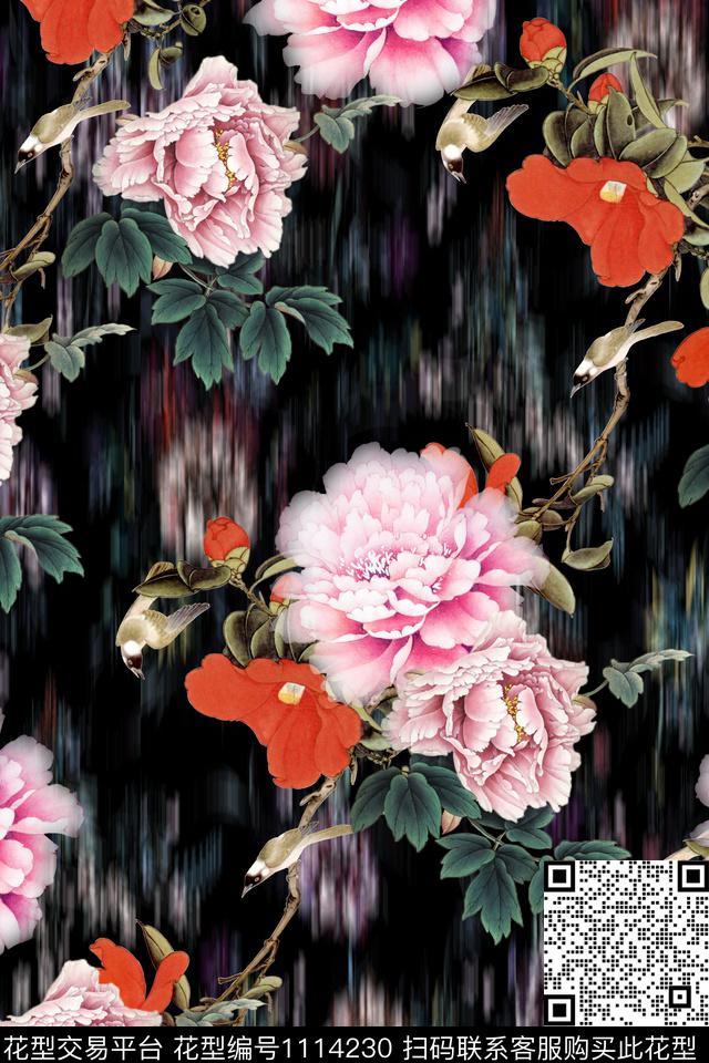 中国风旗袍复古雅致牡丹数码印花花型下载（图片编号: 1114230） - 瓦栏（Walan）