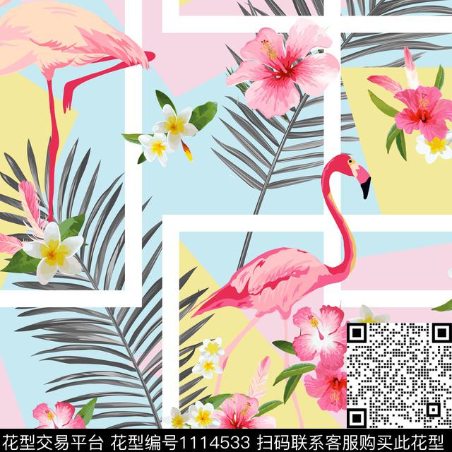 YS-0872F.jpg - 1114533 - 热带花型 花卉 火烈鸟 - 传统印花花型 － 女装花型设计 － 瓦栏