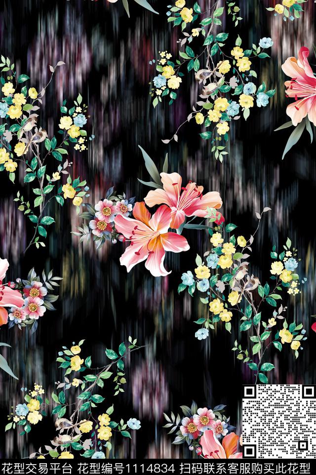 百合水彩花卉花鸟数码印花花型下载（图片编号: 1114834） - 瓦栏（Walan）