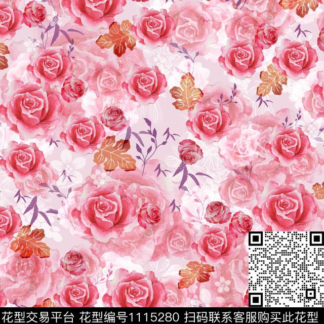 红水花.jpg - 1115280 - 田园 数码花型 花卉 - 数码印花花型 － 女装花型设计 － 瓦栏