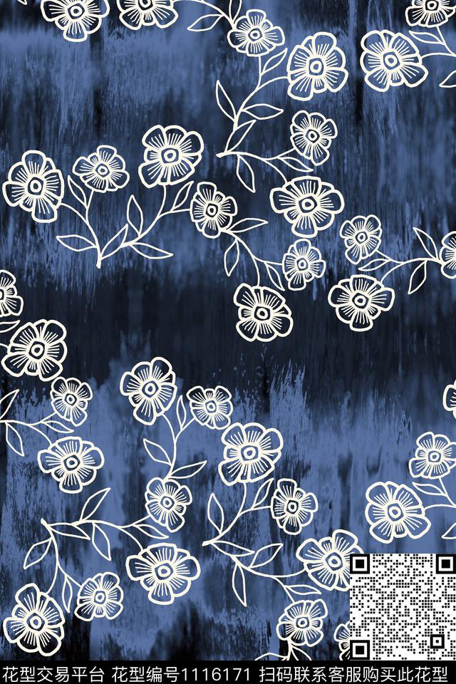 抽象靛蓝花卉传统印花花型下载（图片编号: 1116171） - 瓦栏（Walan）