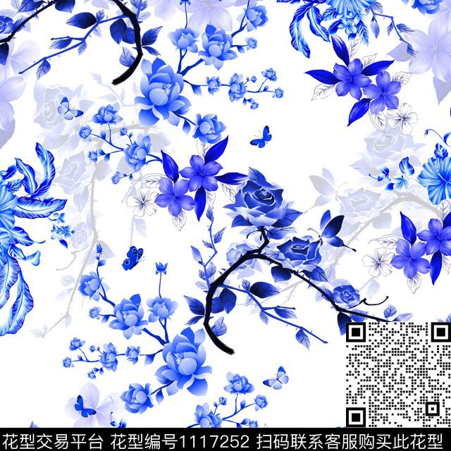 09003.jpg - 1117252 - 民族花卉 风格化花卉 青花瓷 - 数码印花花型 － 女装花型设计 － 瓦栏