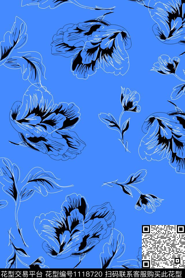 瓦蓝130.jpg - 1118720 - 线条花卉 手绘大花 大牌风 - 数码印花花型 － 女装花型设计 － 瓦栏